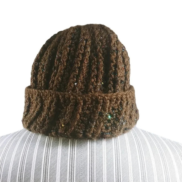Handmade Ribbed Acrylic Tuque Brown Metallic Very  Warm - Picture 2 of 7